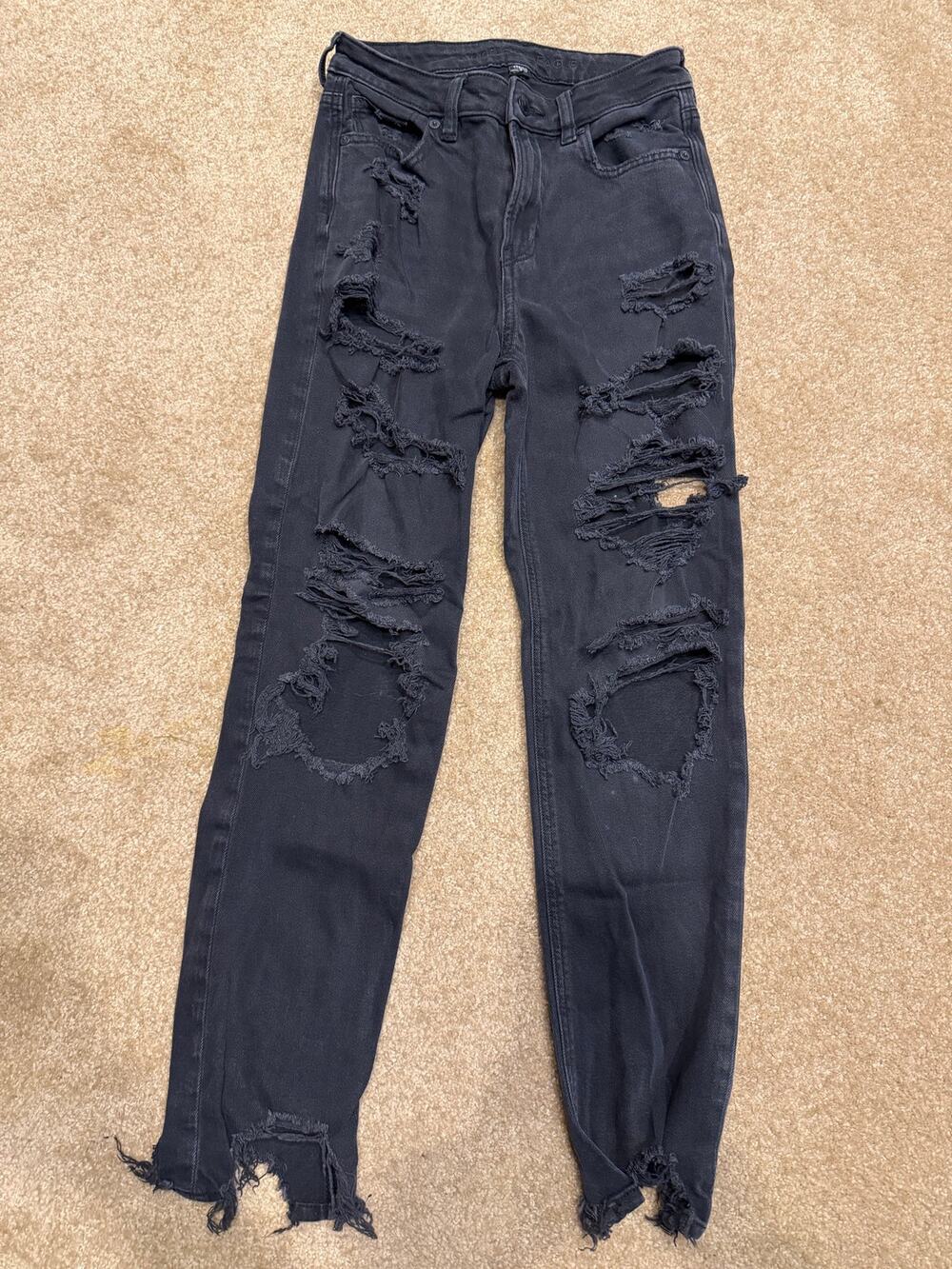 Black American Eagle Highly Distressed Mom Jeans Size 2